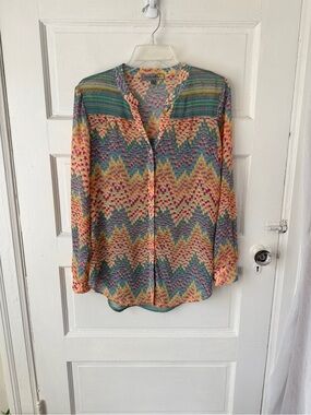 Figueroa & Flower Colorful Printed Chiffon Blouse V-neck Button Front Relaxed S
